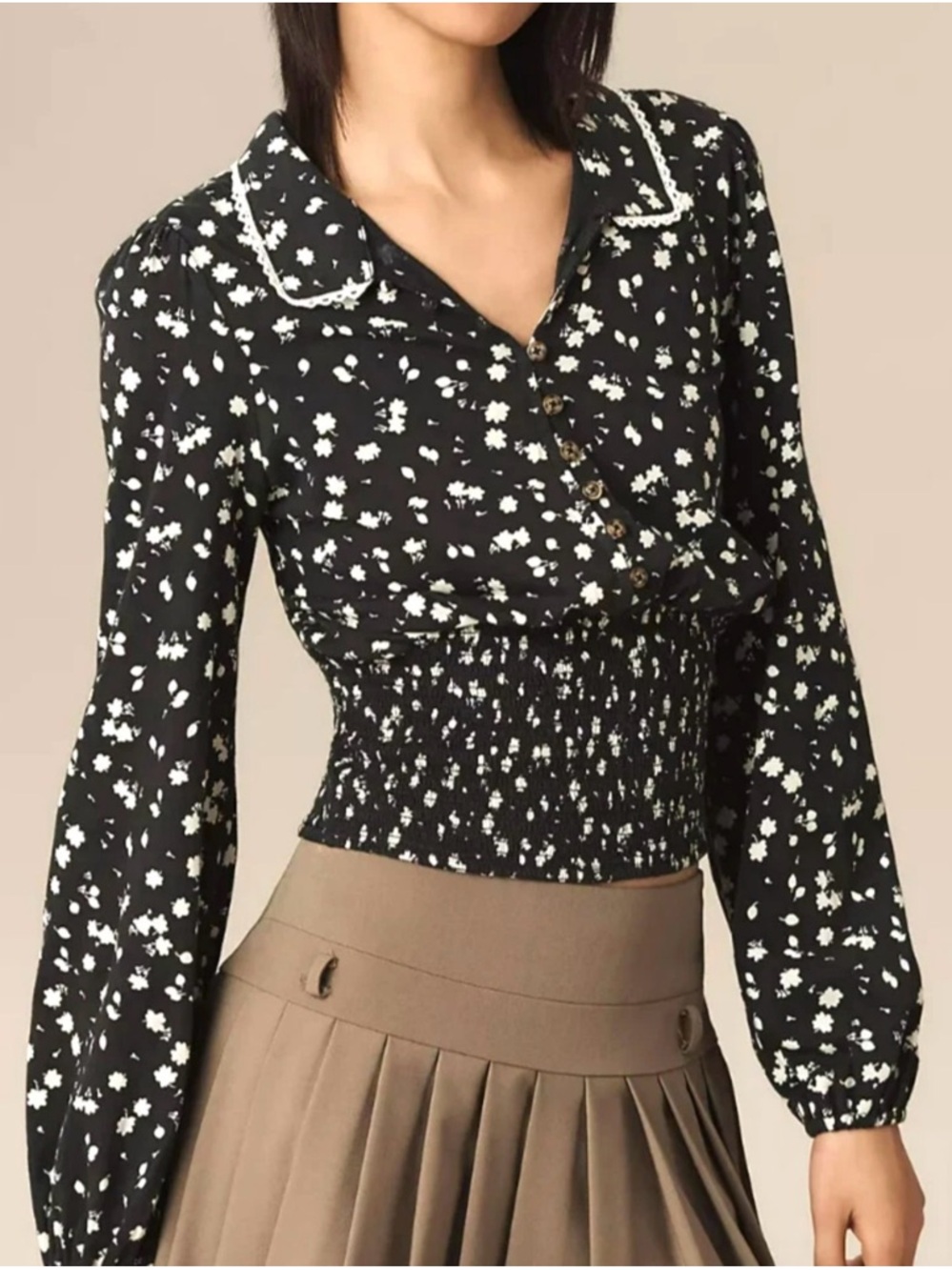 Anthropologie Black Floral Smocked-Waist Button Blouse with Contrast Trim